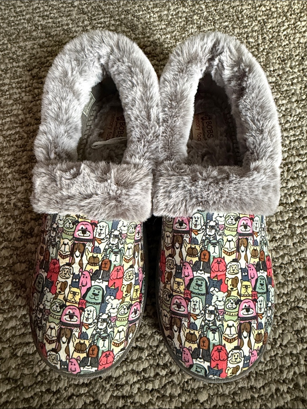 Skechers Gray Plush Slip-On Slippers with Colorful Cartoon Print